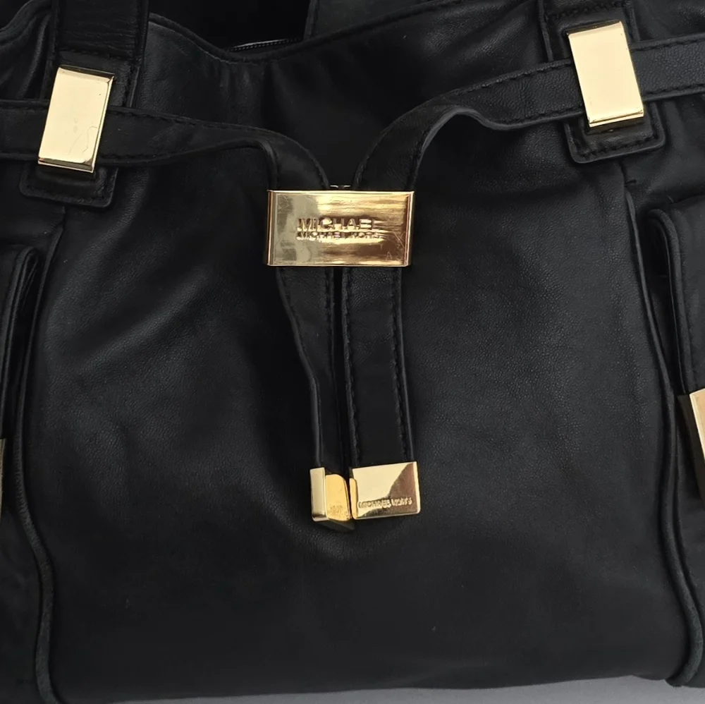 Michael Kors Black Leather Hobo Tote with Gold Hardware